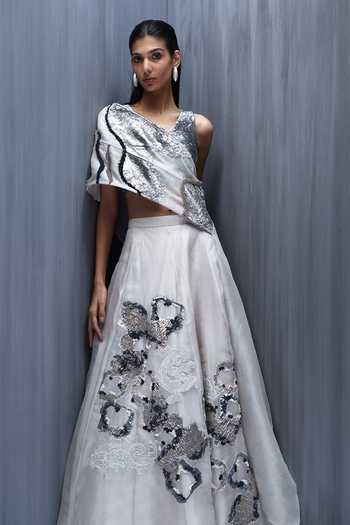 Buy_Richa Khemka_White Organza, Tissue Embroidery, Applique Brocado Orchedia Cape Skirt Set _Online_at_Aza_Fashions