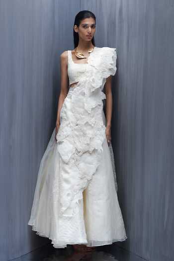 Buy_Richa Khemka_Ivory Organza Embroidery, Pearls Square Neck Leonardo Coral Skirt Set _at_Aza_Fashions