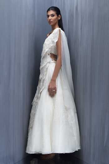 Buy_Richa Khemka_Ivory Organza Embroidery, Pearls Square Neck Leonardo Coral Skirt Set _Online_at_Aza_Fashions