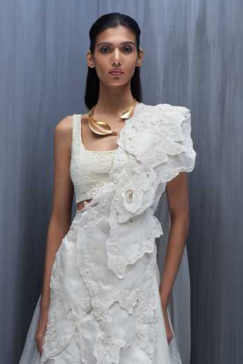 Shop_Richa Khemka_Ivory Organza Embroidery, Pearls Square Neck Leonardo Coral Skirt Set _Online_at_Aza_Fashions