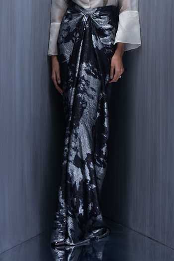 Richa Khemka_Ivory Organza Sequins Mandarin Sylvara Pecan Embellished Shirt And Skirt Set _Online_at_Aza_Fashions