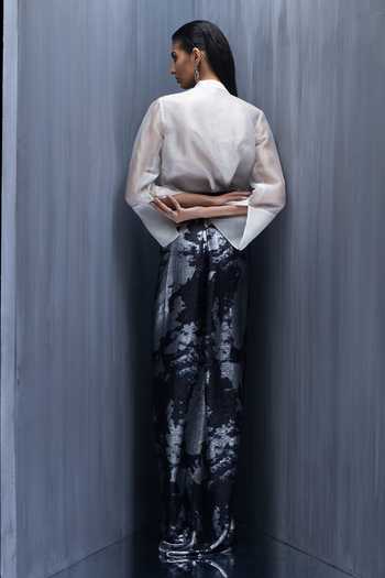 Shop_Richa Khemka_Ivory Organza Sequins Mandarin Sylvara Pecan Embellished Shirt And Skirt Set _at_Aza_Fashions