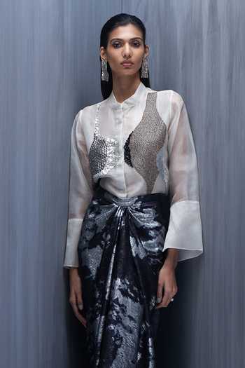Buy_Richa Khemka_Ivory Organza Sequins Mandarin Sylvara Pecan Embellished Shirt And Skirt Set _Online_at_Aza_Fashions