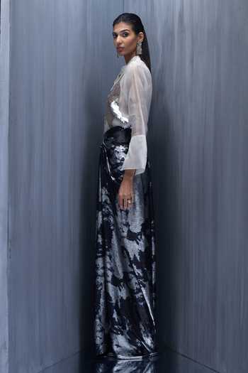 Shop_Richa Khemka_Ivory Organza Sequins Mandarin Sylvara Pecan Embellished Shirt And Skirt Set _Online_at_Aza_Fashions