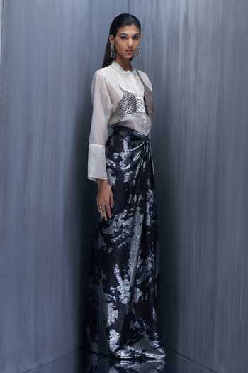 Richa Khemka_Ivory Organza Sequins Mandarin Sylvara Pecan Embellished Shirt And Skirt Set _at_Aza_Fashions