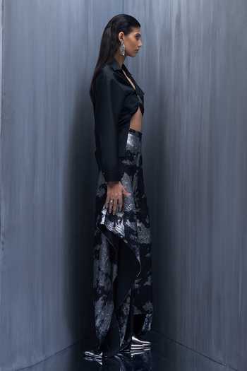 Richa Khemka_Black Silk Collared Vantage Fossil Printed Shirt And Pant Set _Online_at_Aza_Fashions