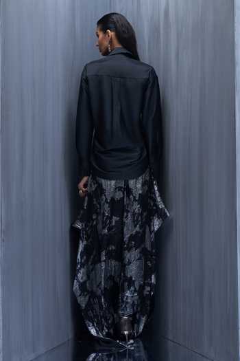 Shop_Richa Khemka_Black Silk Collared Vantage Fossil Printed Shirt And Pant Set _at_Aza_Fashions