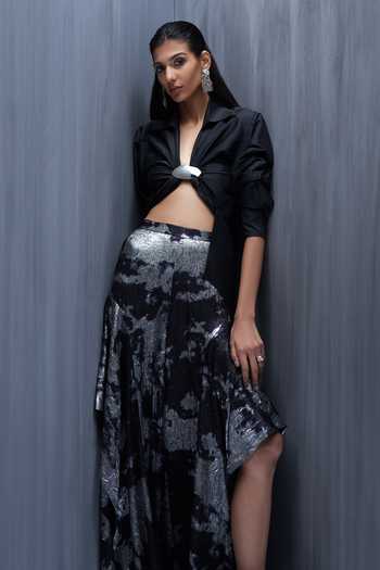 Shop_Richa Khemka_Black Silk Collared Vantage Fossil Printed Shirt And Pant Set _Online_at_Aza_Fashions