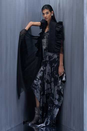Shop_Richa Khemka_Black Organza Shawl , Sweetheart Noir Symphony Ruffle Cape Set _Online_at_Aza_Fashions