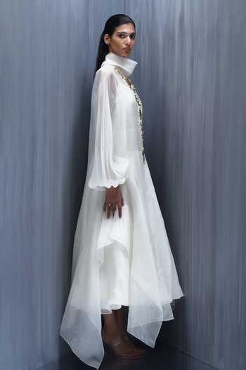 Richa Khemka_Ivory Organza Pearls Turtle , High Aura Dress And Jacket Set _Online_at_Aza_Fashions