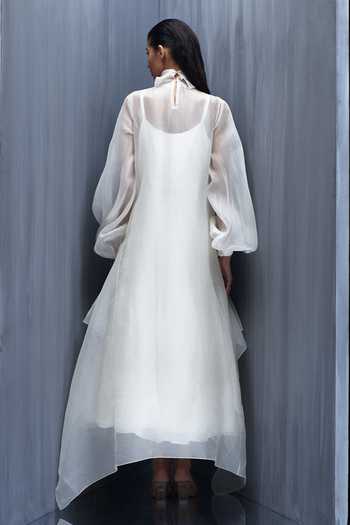 Shop_Richa Khemka_Ivory Organza Pearls Turtle , High Aura Dress And Jacket Set _at_Aza_Fashions
