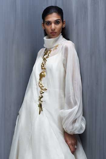 Shop_Richa Khemka_Ivory Organza Pearls Turtle , High Aura Dress And Jacket Set _Online_at_Aza_Fashions