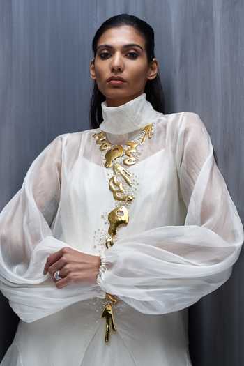 Richa Khemka_Ivory Organza Pearls Turtle , High Aura Dress And Jacket Set _at_Aza_Fashions