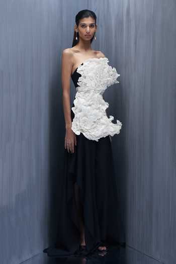 Shop_Richa Khemka_Ivory Georgette, Tulle Pearls, Applique Asymmetric Ethereal Work Top And Pant Set _at_Aza_Fashions