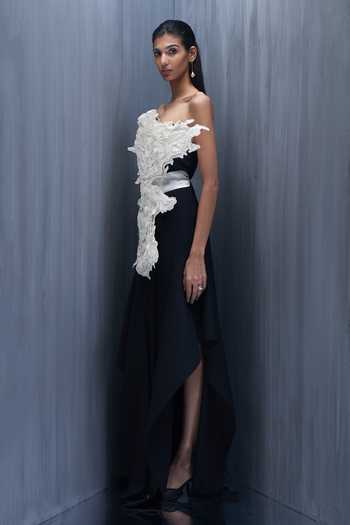 Richa Khemka_Ivory Georgette, Tulle Pearls, Applique Asymmetric Ethereal Work Top And Pant Set _Online_at_Aza_Fashions