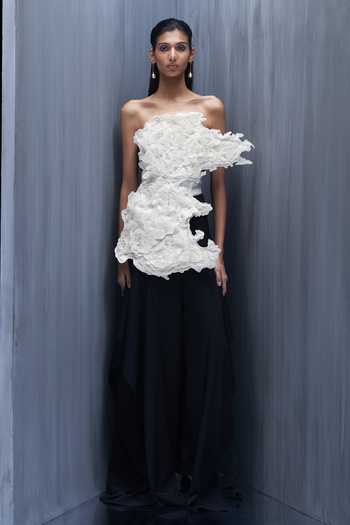 Buy_Richa Khemka_Ivory Georgette, Tulle Pearls, Applique Asymmetric Ethereal Work Top And Pant Set _at_Aza_Fashions