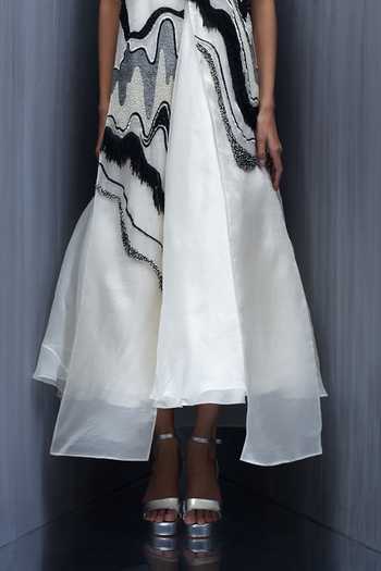 Richa Khemka_Ivory Organza Embroidery, Beads, Pearls Monocratic Hand Dress And Jacket Set _Online_at_Aza_Fashions