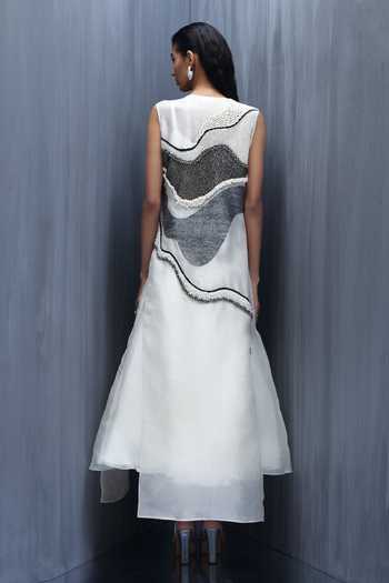 Shop_Richa Khemka_Ivory Organza Embroidery, Beads, Pearls Monocratic Hand Dress And Jacket Set _at_Aza_Fashions