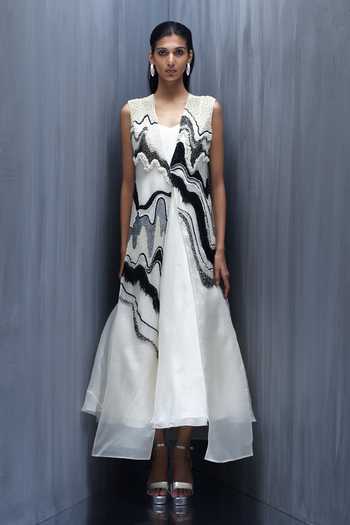 Buy_Richa Khemka_Ivory Organza Embroidery, Beads, Pearls Monocratic Hand Dress And Jacket Set _at_Aza_Fashions
