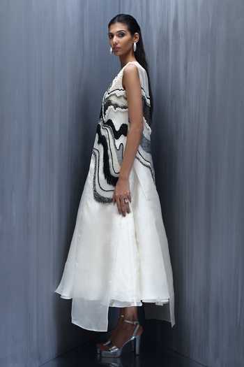 Buy_Richa Khemka_Ivory Organza Embroidery, Beads, Pearls Monocratic Hand Dress And Jacket Set _Online_at_Aza_Fashions