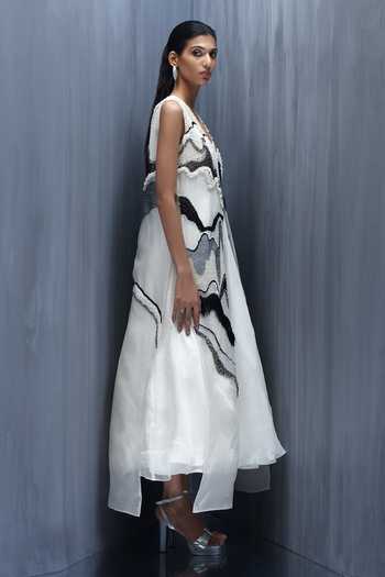 Shop_Richa Khemka_Ivory Organza Embroidery, Beads, Pearls Monocratic Hand Dress And Jacket Set _Online_at_Aza_Fashions