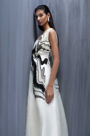 Richa Khemka_Ivory Organza Embroidery, Beads, Pearls Monocratic Hand Dress And Jacket Set _at_Aza_Fashions