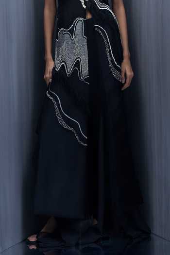 Richa Khemka_Black Organza Embroidery, Beads V-neck Monocratic Jacket With Dress _Online_at_Aza_Fashions
