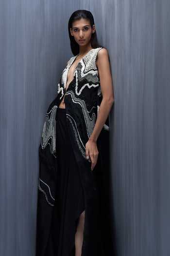 Buy_Richa Khemka_Black Organza Embroidery, Beads V-neck Monocratic Jacket With Dress _Online_at_Aza_Fashions