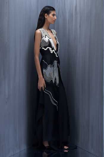 Shop_Richa Khemka_Black Organza Embroidery, Beads V-neck Monocratic Jacket With Dress _at_Aza_Fashions