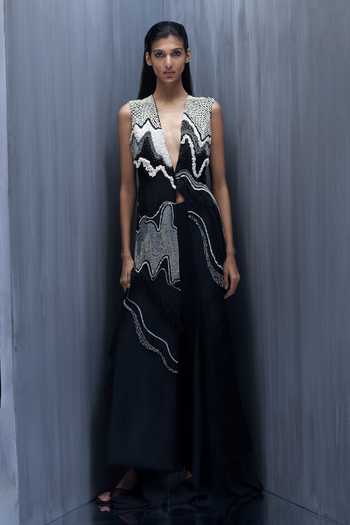 Buy_Richa Khemka_Black Organza Embroidery, Beads V-neck Monocratic Jacket With Dress _at_Aza_Fashions