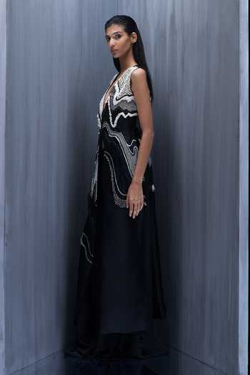 Shop_Richa Khemka_Black Organza Embroidery, Beads V-neck Monocratic Jacket With Dress _Online_at_Aza_Fashions