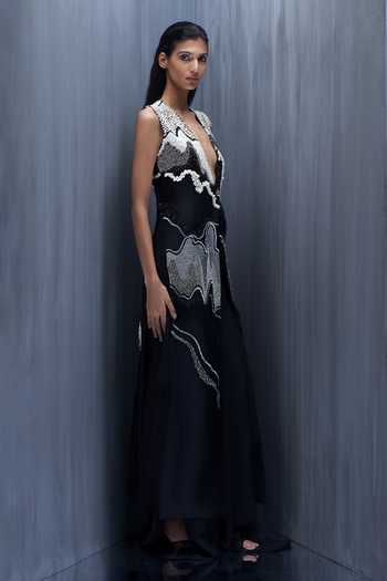 Richa Khemka_Black Organza Embroidery, Beads V-neck Monocratic Jacket With Dress _at_Aza_Fashions