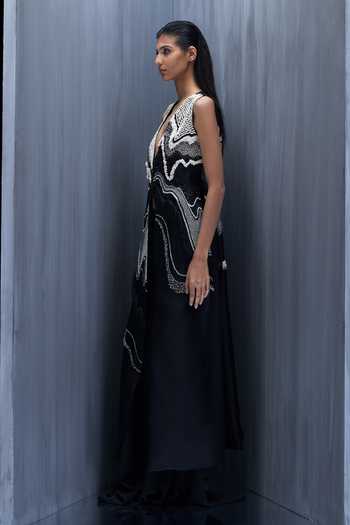 Buy_Richa Khemka_Black Organza Embroidery, Beads V-neck Monocratic Jacket With Dress 
