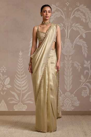 Buy_Ridhi Mehra_Gold Tissue Embroidery Square Neck Weave Pre-draped Saree With Blouse _at_Aza_Fashions