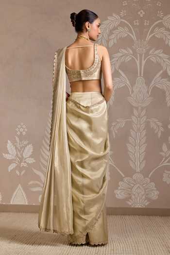 Shop_Ridhi Mehra_Gold Tissue Embroidery Square Neck Weave Pre-draped Saree With Blouse _at_Aza_Fashions