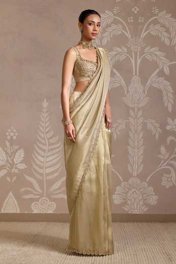 Ridhi Mehra_Gold Tissue Embroidery Square Neck Weave Pre-draped Saree With Blouse _Online_at_Aza_Fashions