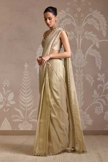 Buy_Ridhi Mehra_Gold Tissue Embroidery Square Neck Weave Pre-draped Saree With Blouse _Online_at_Aza_Fashions