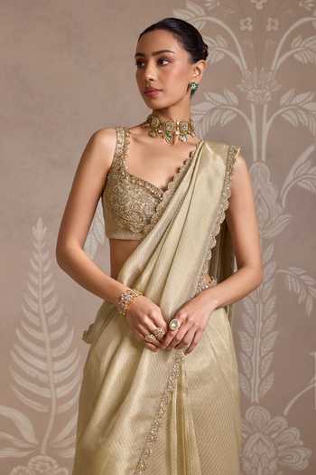 Shop_Ridhi Mehra_Gold Tissue Embroidery Square Neck Weave Pre-draped Saree With Blouse _Online_at_Aza_Fashions