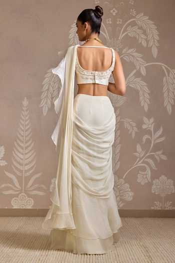 Shop_Ridhi Mehra_Ivory Chiffon, Organza, Silk Ruffles, Thread Work Pre-draped Saree With Blouse _at_Aza_Fashions