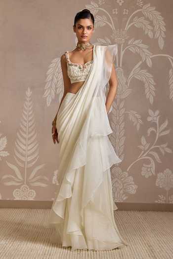 Buy_Ridhi Mehra_Ivory Chiffon, Organza, Silk Ruffles, Thread Work Pre-draped Saree With Blouse _at_Aza_Fashions