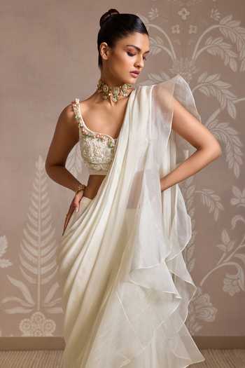 Ridhi Mehra_Ivory Chiffon, Organza, Silk Ruffles, Thread Work Pre-draped Saree With Blouse _Online_at_Aza_Fashions