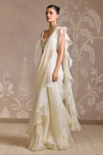 Buy_Ridhi Mehra_Ivory Chiffon, Organza, Silk Ruffles, Thread Work Pre-draped Saree With Blouse _Online_at_Aza_Fashions