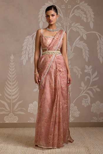 Buy_Ridhi Mehra_Coral Organza Embroidery, Stones Square Neck Seam Printed Saree With Blouse _at_Aza_Fashions