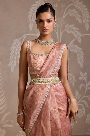 Ridhi Mehra_Coral Organza Embroidery, Stones Square Neck Seam Printed Saree With Blouse _Online_at_Aza_Fashions