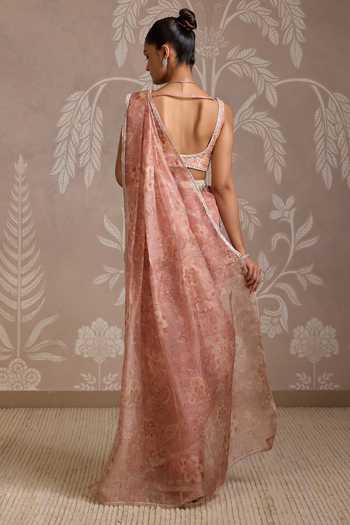 Shop_Ridhi Mehra_Coral Organza Embroidery, Stones Square Neck Seam Printed Saree With Blouse _at_Aza_Fashions