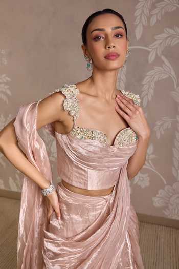 Buy_Ridhi Mehra_Rose Gold Tissue Ruffles, Embroidery, Beads Pre-draped Saree With Corset _Online_at_Aza_Fashions
