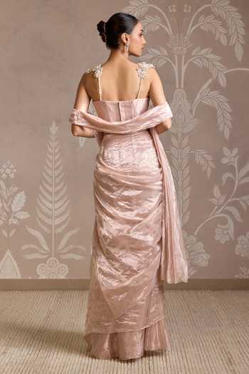 Shop_Ridhi Mehra_Rose Gold Tissue Ruffles, Embroidery, Beads Pre-draped Saree With Corset _at_Aza_Fashions