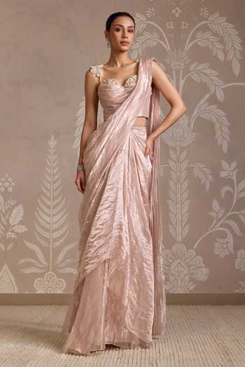 Shop_Ridhi Mehra_Rose Gold Tissue Ruffles, Embroidery, Beads Pre-draped Saree With Corset _Online_at_Aza_Fashions