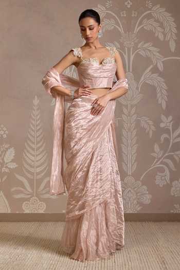 Buy_Ridhi Mehra_Rose Gold Tissue Ruffles, Embroidery, Beads Pre-draped Saree With Corset _at_Aza_Fashions