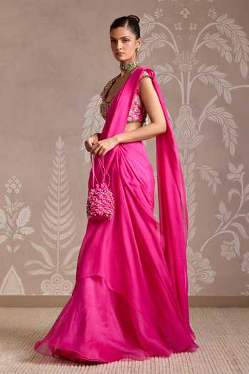 Ridhi Mehra_Pink Organza, Chiffon, Net Embroidery, Twined Pre-draped Saree With Blouse _Online_at_Aza_Fashions